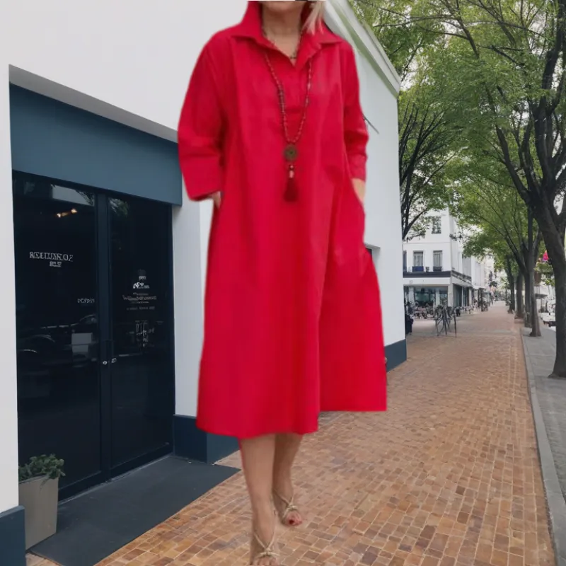 Women's Casual Solid Color Dress with Convenient Pockets
